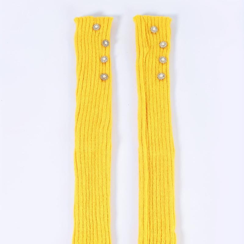 Yellow Knit Fingerless Gloves Y2K Pearl Flower Detail Warm Elastic