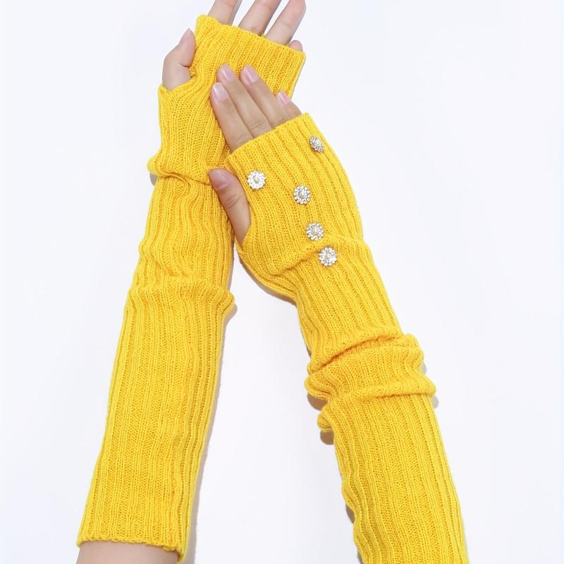 Yellow Knit Fingerless Gloves Y2K Pearl Flower Detail Warm Elastic