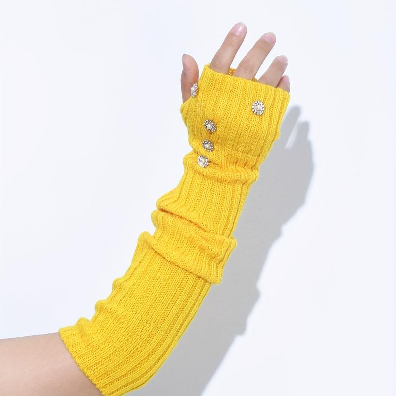 Yellow Knit Fingerless Gloves Y2K Pearl Flower Detail Warm Elastic