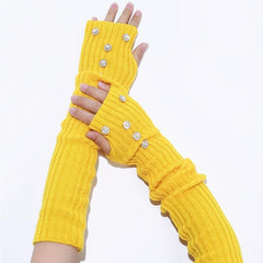Yellow Knit Fingerless Gloves Y2K Pearl Flower Detail Warm Elastic