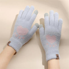 Women's Cat Paw Print Touch Screen Knitted Winter Gloves