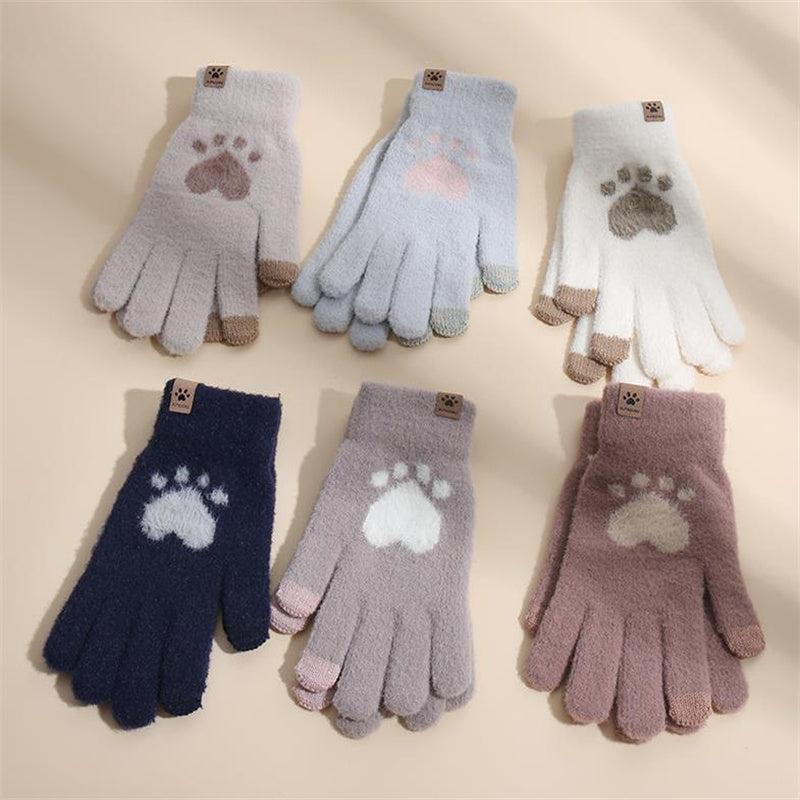 Women's Cat Paw Print Touch Screen Knitted Winter Gloves