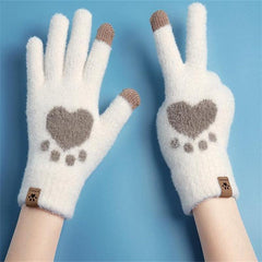 Women's Cat Paw Print Touch Screen Knitted Winter Gloves