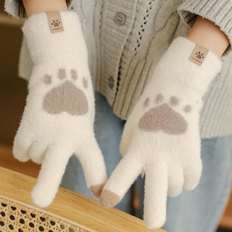 Women's Cat Paw Print Touch Screen Knitted Winter Gloves