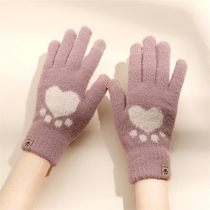 Women's Cat Paw Print Touch Screen Knitted Winter Gloves