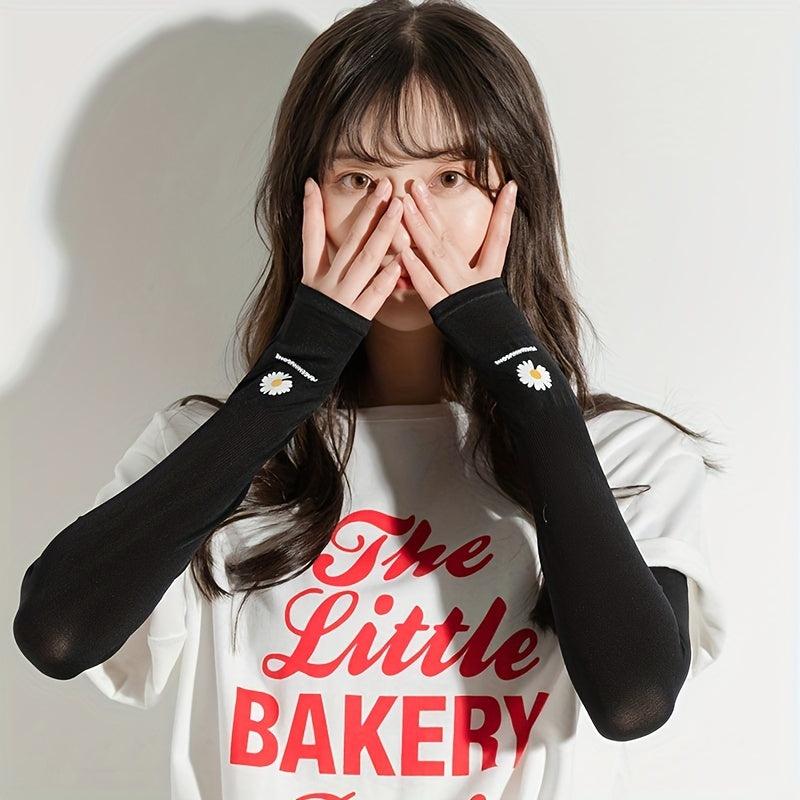 Daisy Print UV Protection Fingerless Gloves for Summer Sunscreen