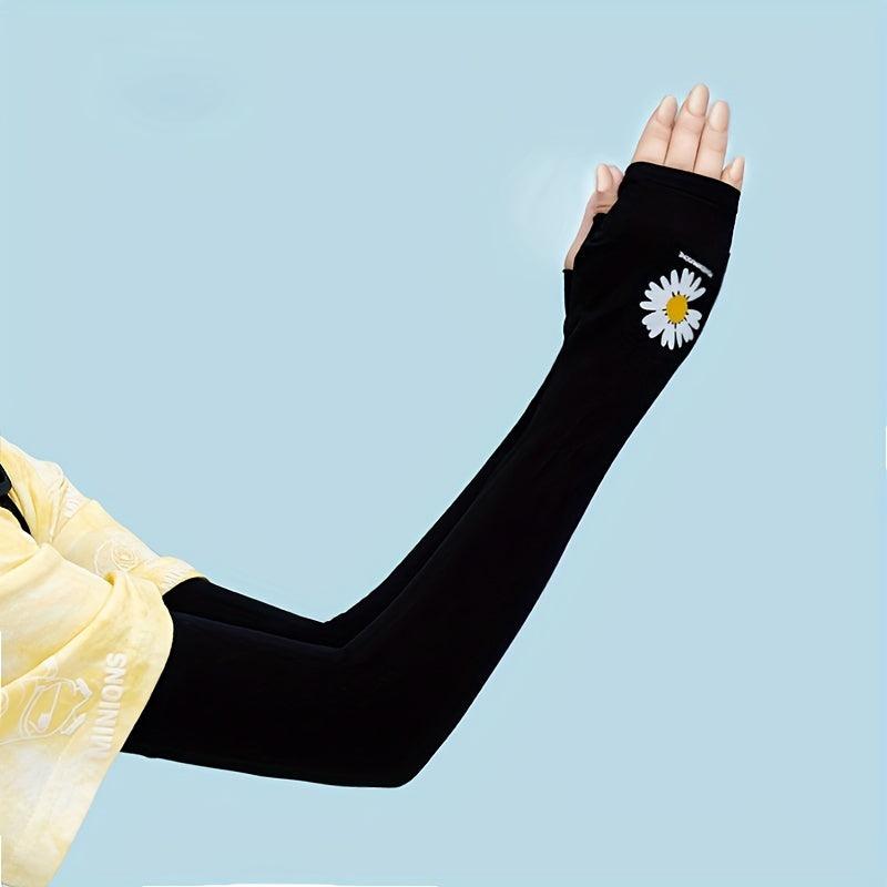 Daisy Print UV Protection Fingerless Gloves for Summer Sunscreen
