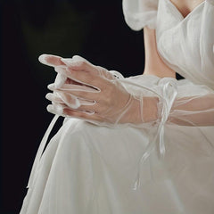 Bridal Lace Up Bow Gloves Short Transparent Gloves For Photography
