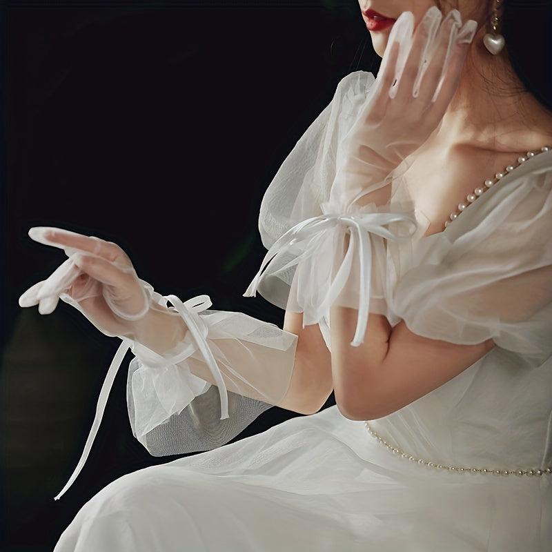 Bridal Lace Up Bow Gloves Short Transparent Gloves For Photography