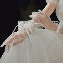 Bridal Lace Up Bow Gloves Short Transparent Gloves For Photography