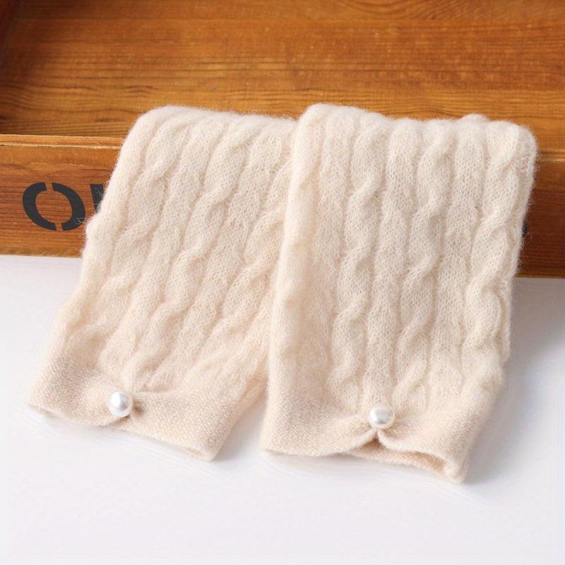 Velvet Wool Knit Fingerless Gloves with Faux Pearl Decor