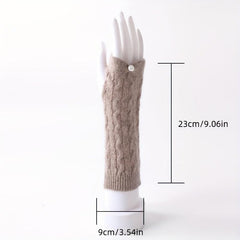 Velvet Wool Knit Fingerless Gloves with Faux Pearl Decor