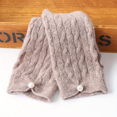Velvet Wool Knit Fingerless Gloves with Faux Pearl Decor