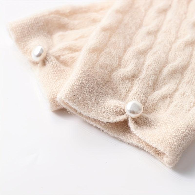 Velvet Wool Knit Fingerless Gloves with Faux Pearl Decor
