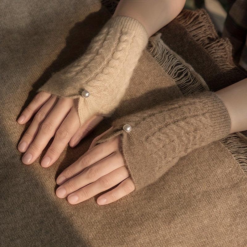 Velvet Wool Knit Fingerless Gloves with Faux Pearl Decor