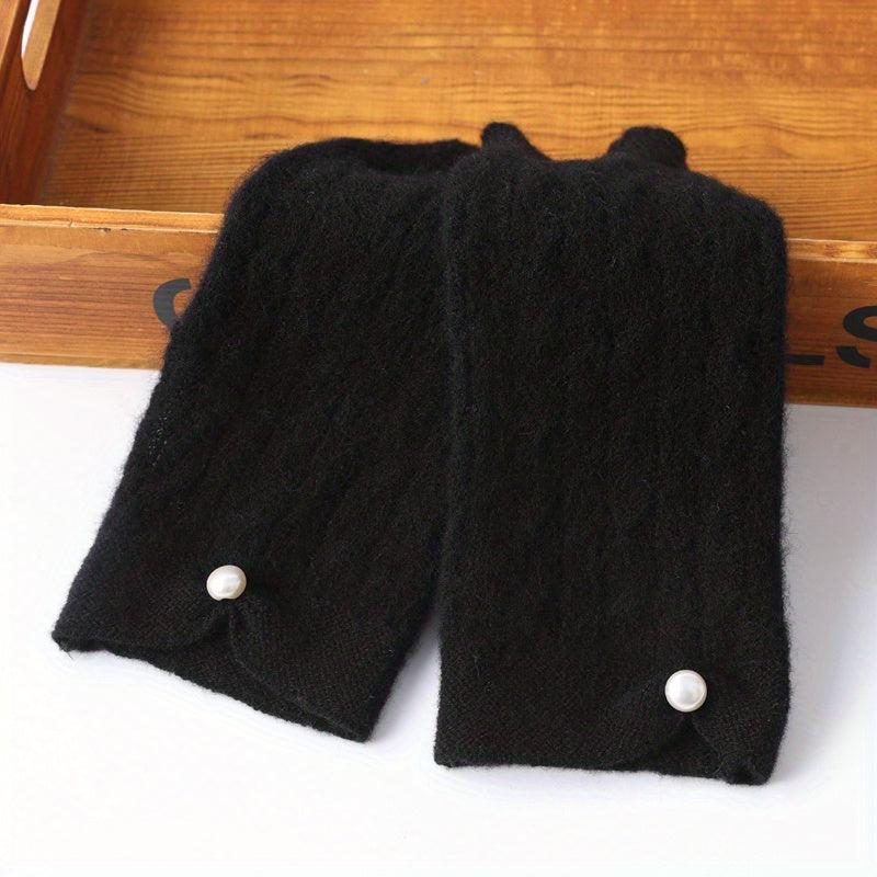 Velvet Wool Knit Fingerless Gloves with Faux Pearl Decor