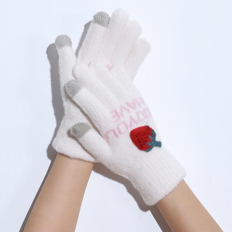 Strawberry Decorated Plush Winter Warm Gloves for Women Girls