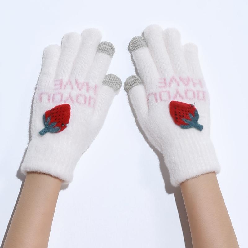 Strawberry Decorated Plush Winter Warm Gloves for Women Girls