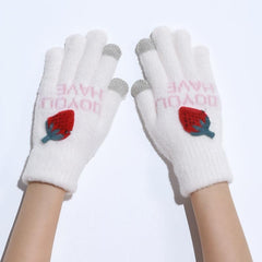Strawberry Decorated Plush Winter Warm Gloves for Women Girls