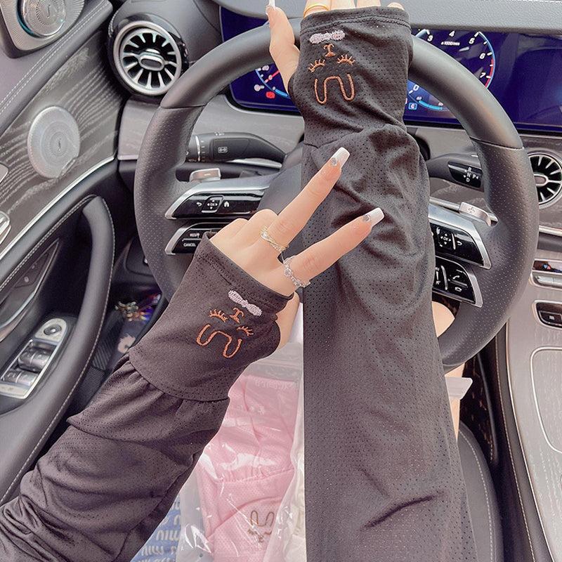Rabbit Embroidery Ice Sleeves Candy Mesh UV Protection Gloves