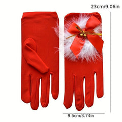 Bowknot Feather Bell Gloves Red Short Warm Gloves For Party Prom