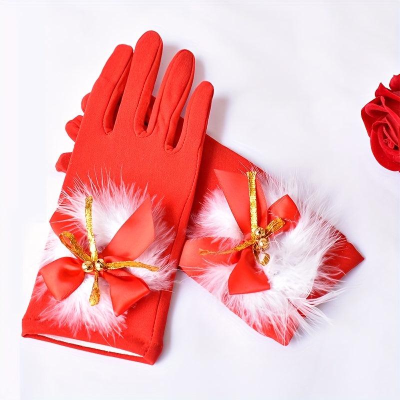 Bowknot Feather Bell Gloves Red Short Warm Gloves For Party Prom