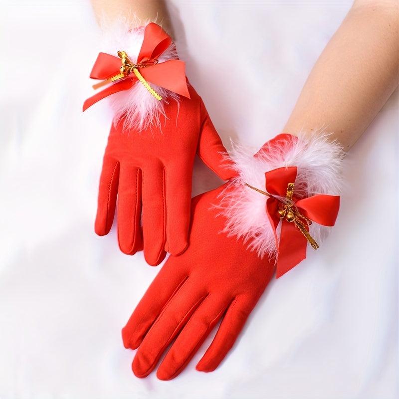 Bowknot Feather Bell Gloves Red Short Warm Gloves For Party Prom