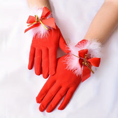 Bowknot Feather Bell Gloves Red Short Warm Gloves For Party Prom