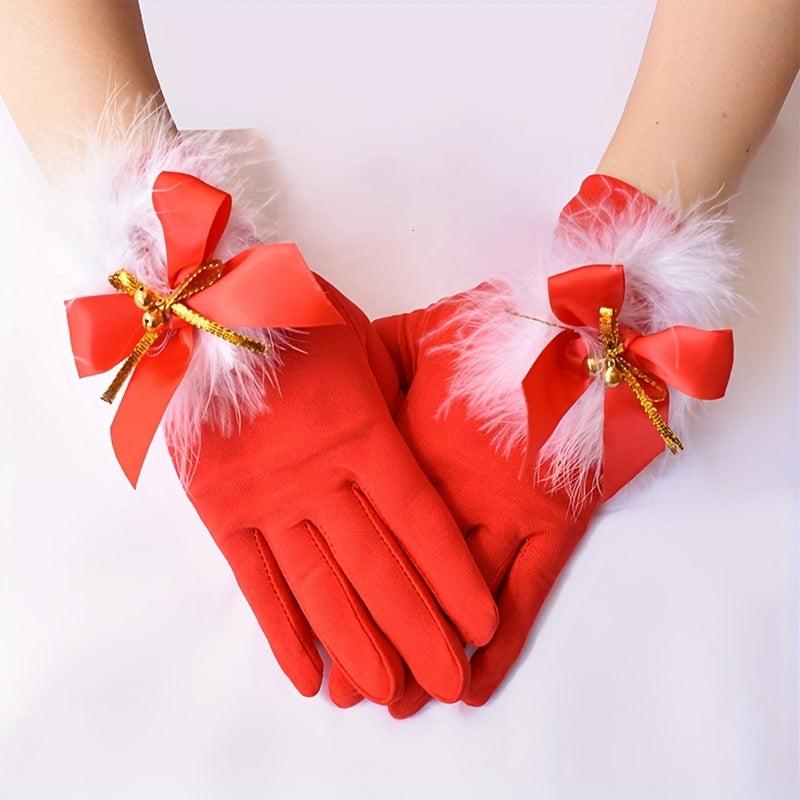 Bowknot Feather Bell Gloves Red Short Warm Gloves For Party Prom