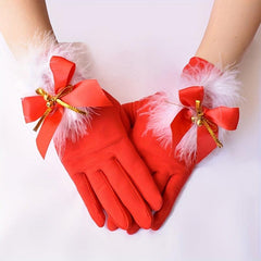 Bowknot Feather Bell Gloves Red Short Warm Gloves For Party Prom