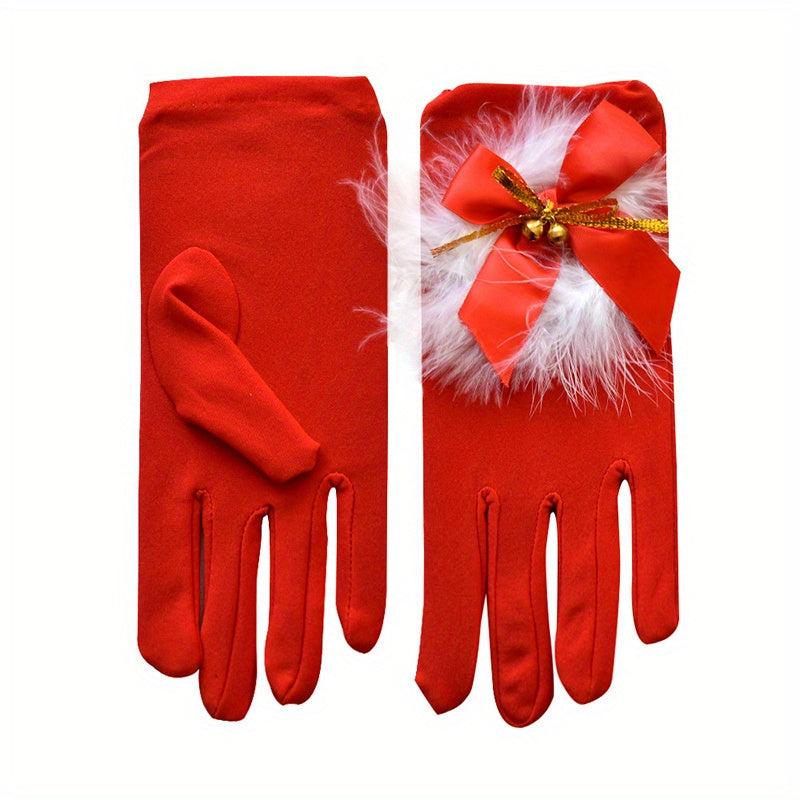 Bowknot Feather Bell Gloves Red Short Warm Gloves For Party Prom