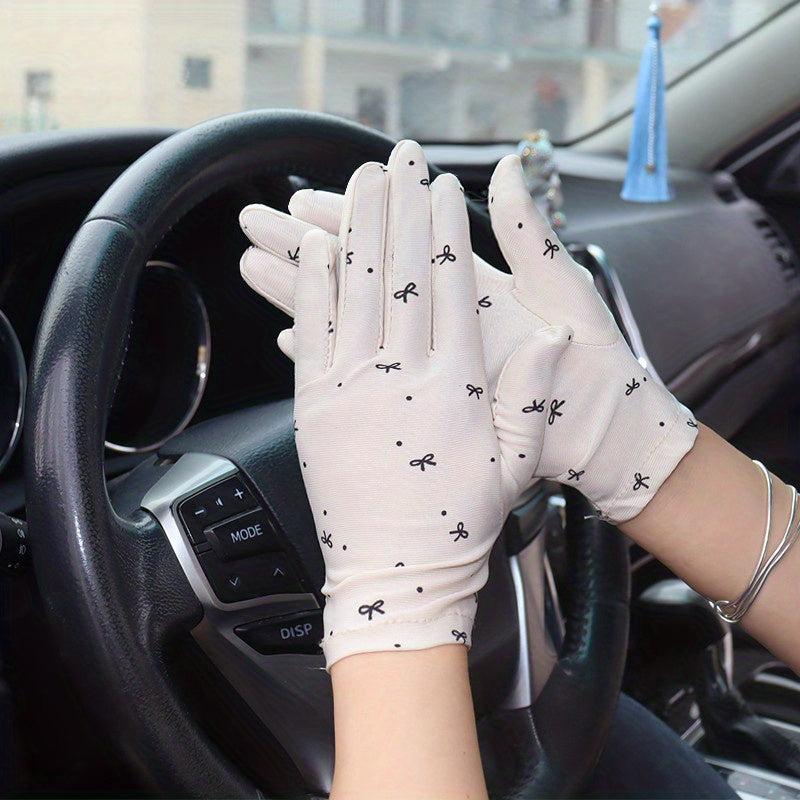 Bow Print Thin Gloves Solid Sunscreen Short Gloves Elastic Riding Driving Gloves