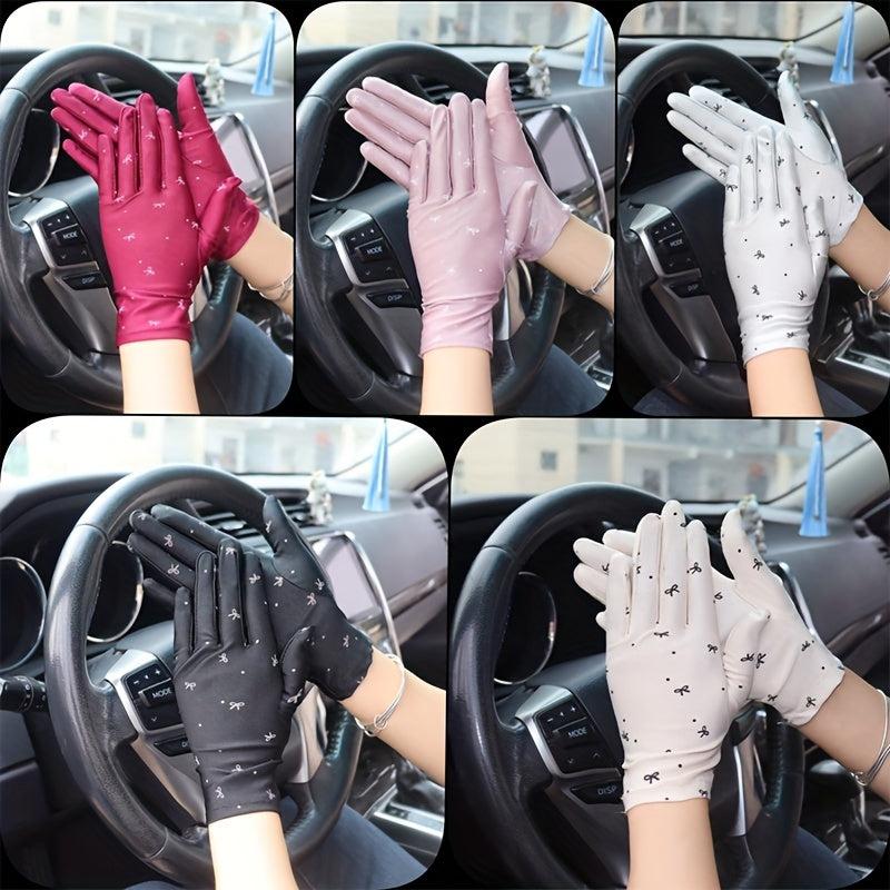 Bow Print Thin Gloves Solid Sunscreen Short Gloves Elastic Riding Driving Gloves