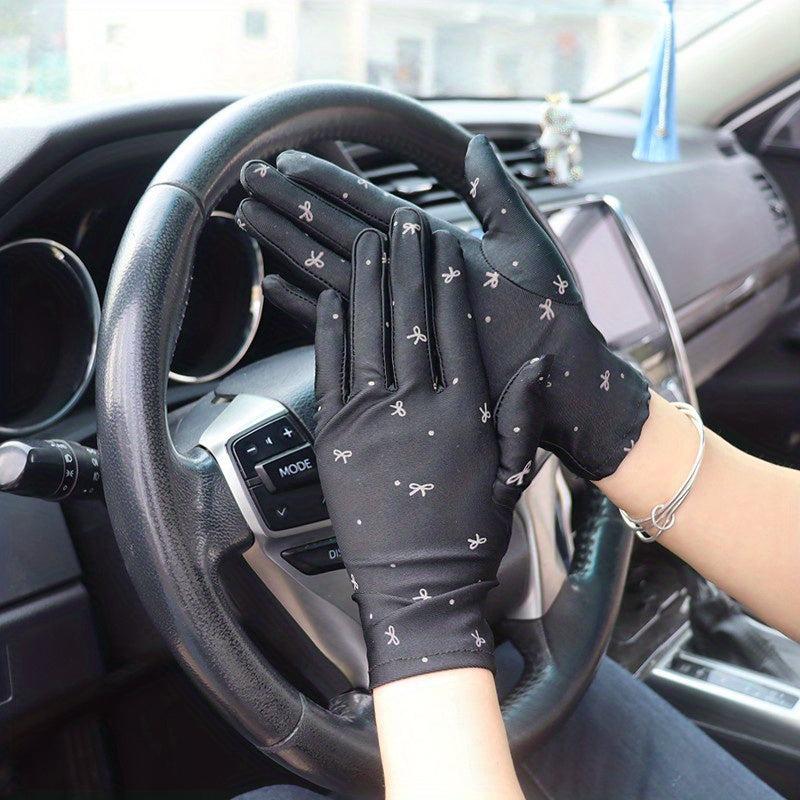 Bow Print Thin Gloves Solid Sunscreen Short Gloves Elastic Riding Driving Gloves