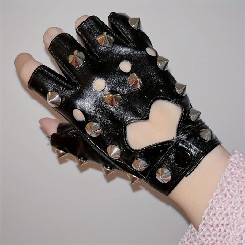 Punk Hollow Heart Gloves Rivet Half Finger Gloves