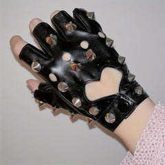Punk Hollow Heart Gloves Rivet Half Finger Gloves