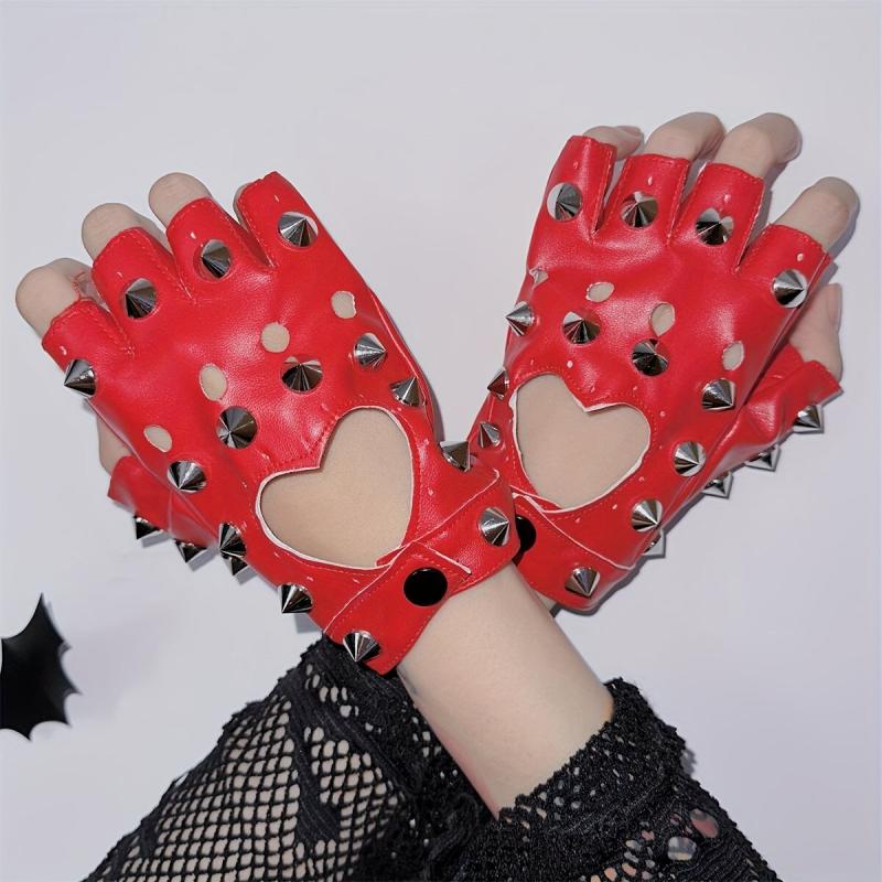 Punk Hollow Heart Gloves Rivet Half Finger Gloves