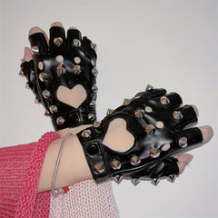 Punk Hollow Heart Gloves Rivet Half Finger Gloves