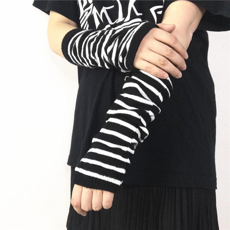 Hip Hop Striped Knitted Gloves Unisex Fingerless Warm Sleeves