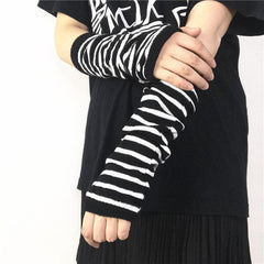Hip Hop Striped Knitted Gloves Unisex Fingerless Warm Sleeves
