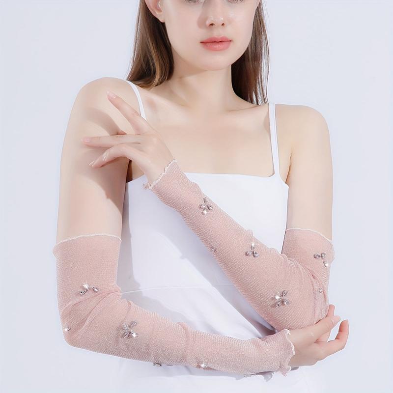 Rhinestone Flower Pink Ruffles Gloves - Sunscreen Sleeves
