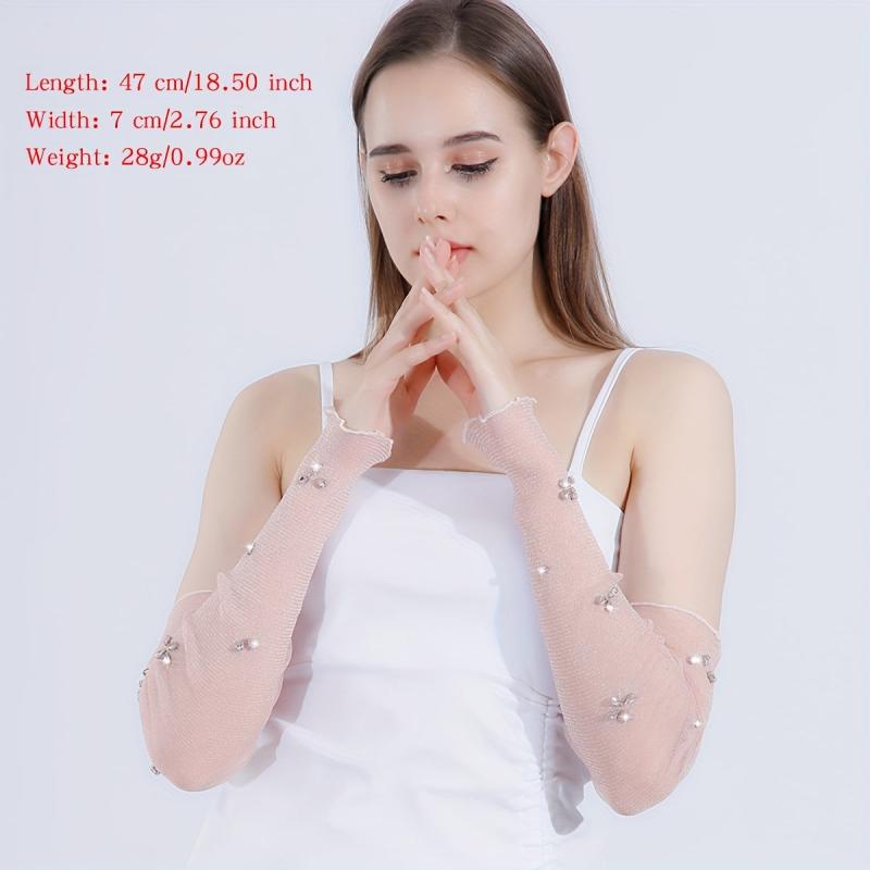 Rhinestone Flower Pink Ruffles Gloves - Sunscreen Sleeves