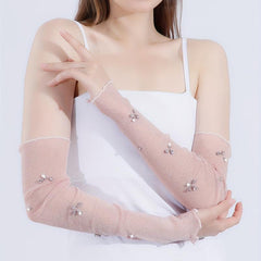 Rhinestone Flower Pink Ruffles Gloves - Sunscreen Sleeves