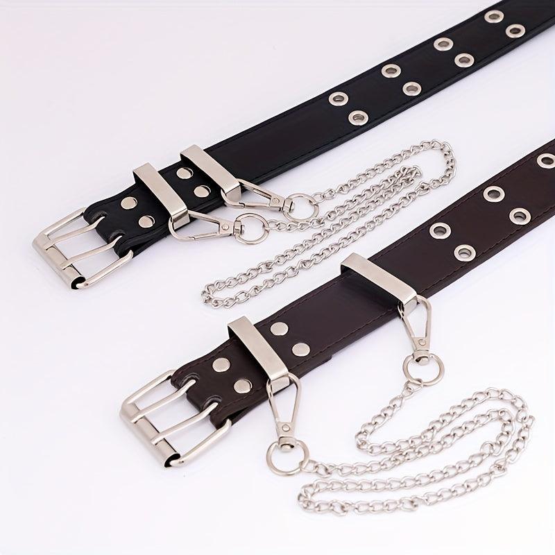 Punk Double Eyelet PU Belt with Chain Charm for Jeans