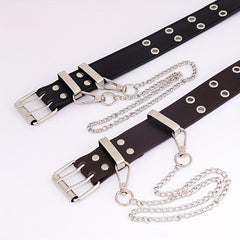 Punk Double Eyelet PU Belt with Chain Charm for Jeans