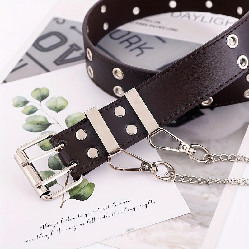 Punk Double Eyelet PU Belt with Chain Charm for Jeans