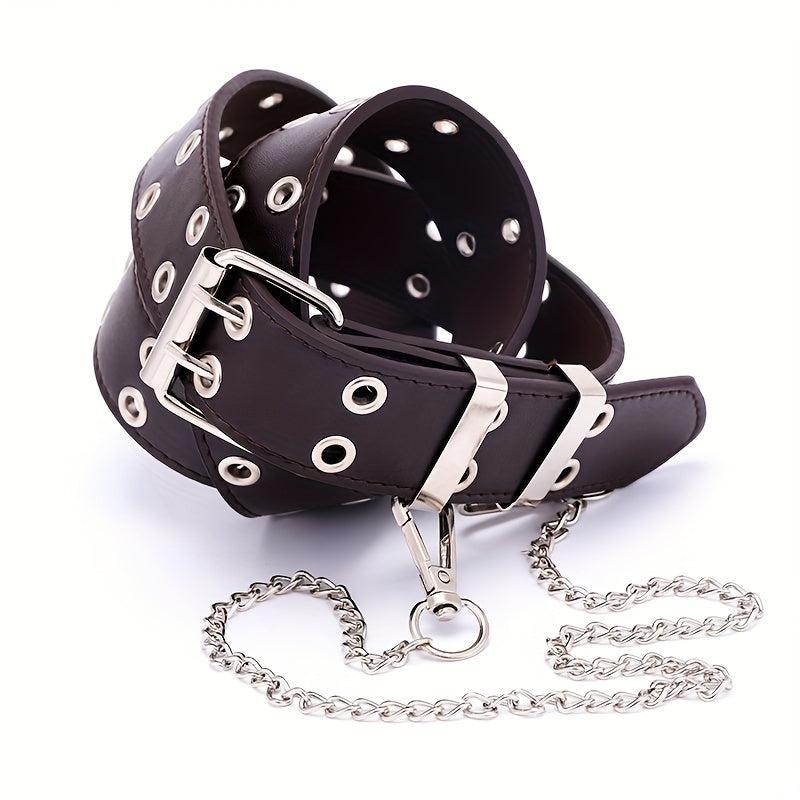 Punk Double Eyelet PU Belt with Chain Charm for Jeans