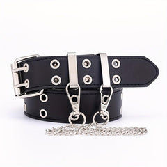 Punk Double Eyelet PU Belt with Chain Charm for Jeans