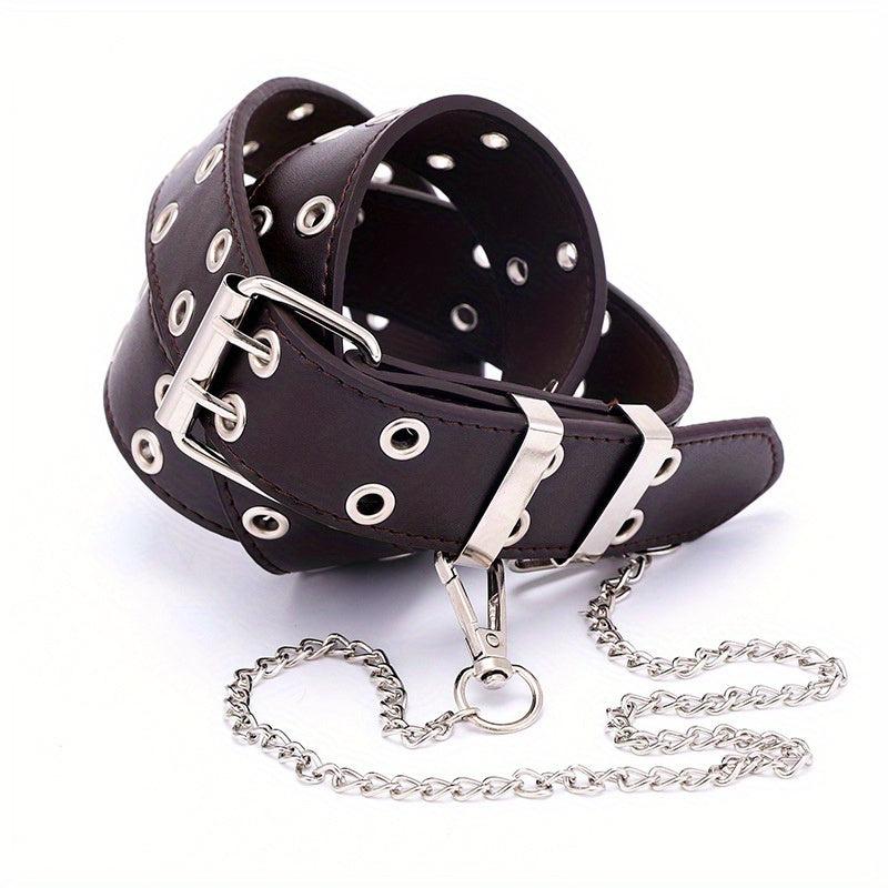 Punk Double Eyelet PU Belt with Chain Charm for Jeans