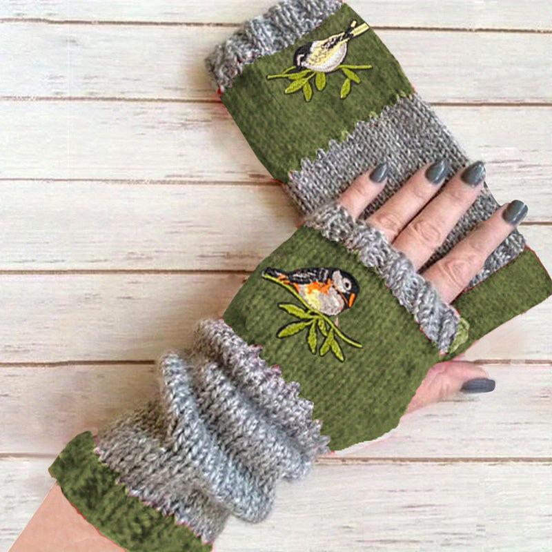 Embroidered Bird Knit Fingerless Gloves Vintage Style
